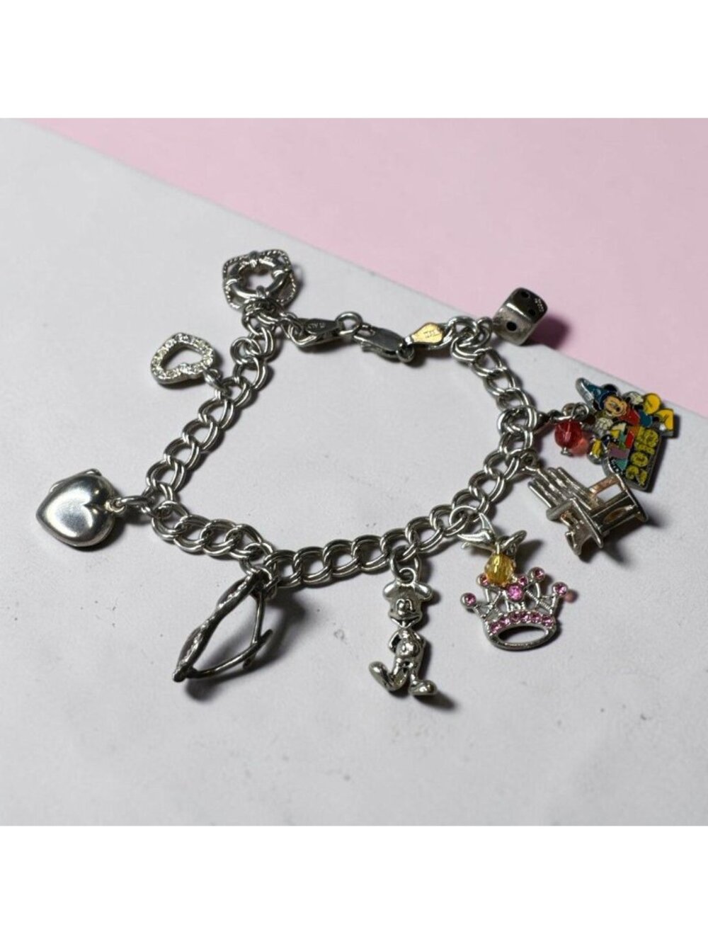 Italian Sterling Silver Disney-Themed Charm Bracelet With 2015 Mickey Crown Dice